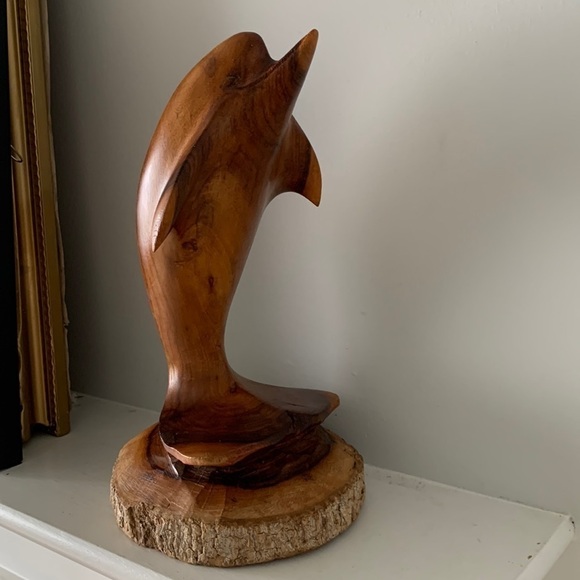 Wooden Hand Carved Dolphin on Coral Statue Sculpture Wood Decor Figurine - Picture 3 of 15